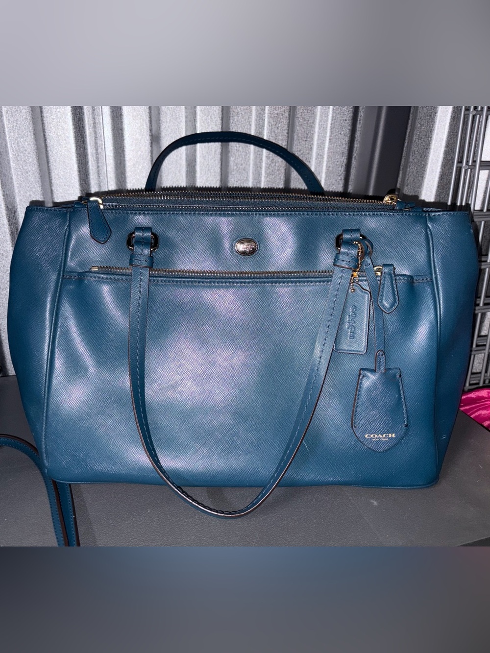 Coach Peyton Saffiano leather double-zip carryall bag - teal blue